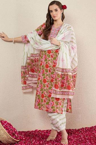 Floral Printed  Cotton V-Neck Straight Kurta with Salwar and Dupatta