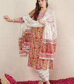 Floral Printed Pure Cotton V-Neck Straight Kurta with Salwar and Dupatta