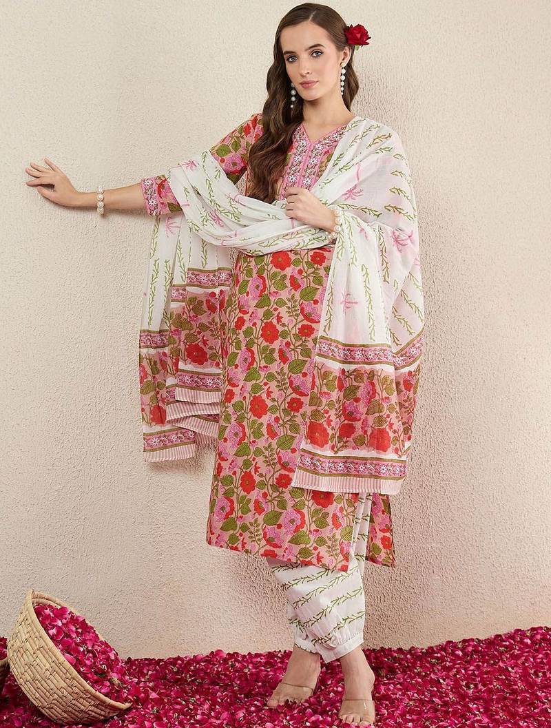 Floral Printed Pure Cotton V-Neck Straight Kurta with Salwar and Dupatta