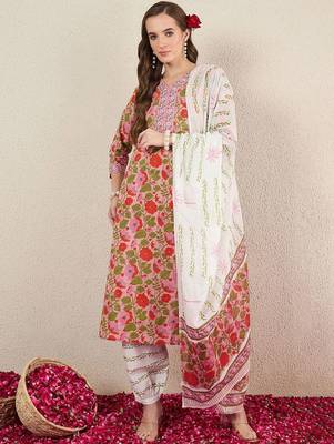 Floral Printed Pure Cotton V-Neck Straight Kurta with Salwar and Dupatta 2