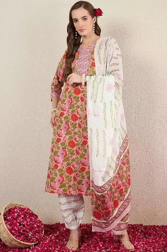 Floral Printed Pure Cotton V-Neck Straight Kurta with Salwar and Dupatta