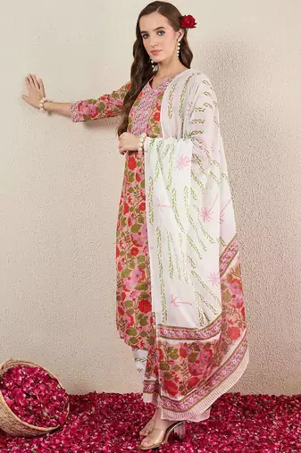 Floral Printed Pure Cotton V-Neck Straight Kurta with Salwar and Dupatta