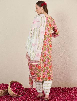 Floral Printed Pure Cotton V-Neck Straight Kurta with Salwar and Dupatta 4
