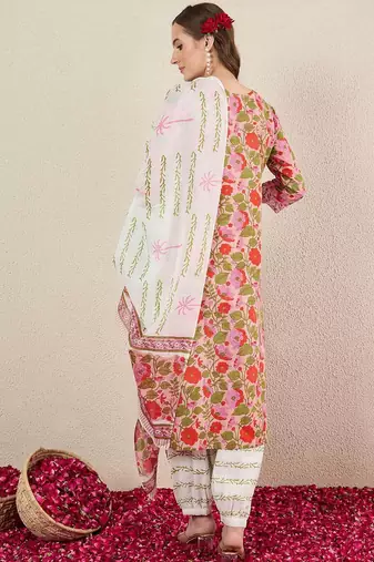 Floral Printed Pure Cotton V-Neck Straight Kurta with Salwar and Dupatta