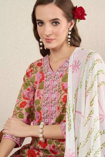 Floral Printed Pure Cotton V-Neck Straight Kurta with Salwar and Dupatta