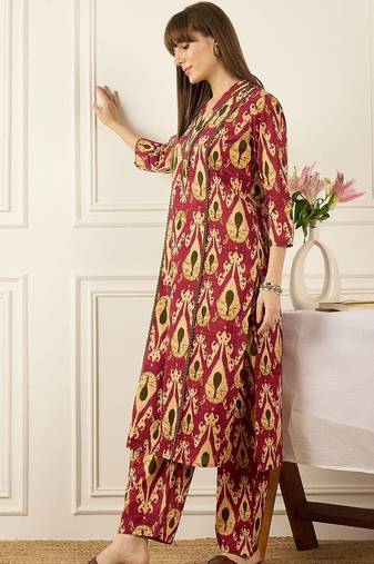 Floral Printed Thread Work  Cotton Kurta With Palazzos