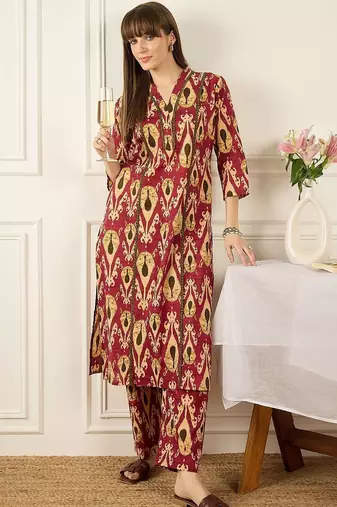 Floral Printed Thread Work Pure Cotton Kurta With Palazzos