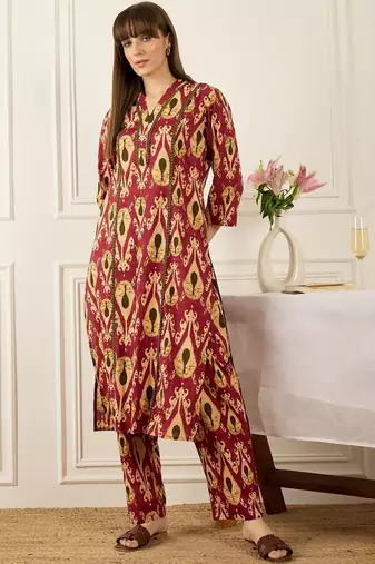 Floral Printed Thread Work Pure Cotton Kurta With Palazzos