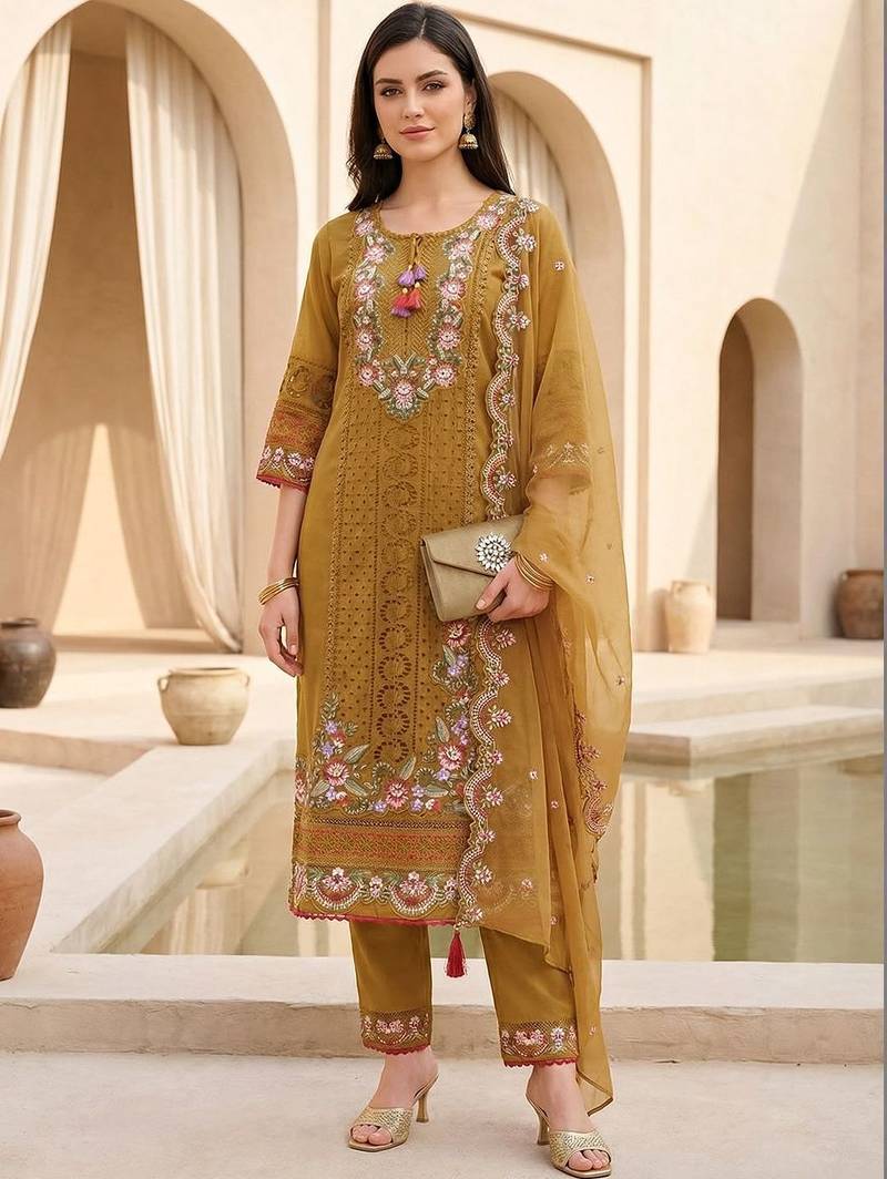 Women Floral Embroidered Regular Sequinned Kurta with Trousers & With Dupatta