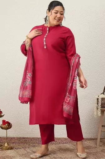 Plus Size Ethnic Motifs Regular Thread Work Kurta with Trousers & With Dupatta
