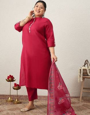 Plus Size Ethnic Motifs Regular Thread Work Kurta with Trousers & With Dupatta 5