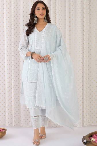 Women Ethnic Motifs Cotton Kurta with Trousers & Dupatta
