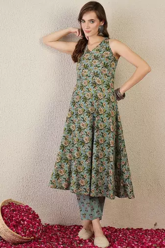 Floral Printed V-Neck Pure Cotton A-Line Kurta With Trouser