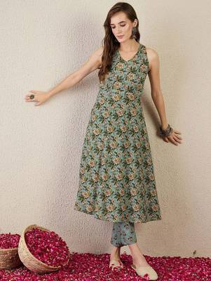Floral Printed V-Neck Pure Cotton A-Line Kurta With Trouser 4