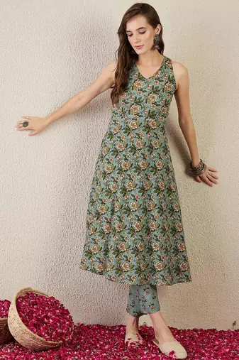Floral Printed V-Neck Pure Cotton A-Line Kurta With Trouser