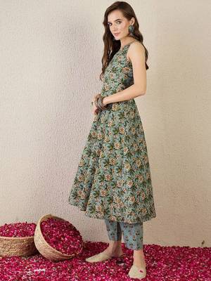 Floral Printed V-Neck Pure Cotton A-Line Kurta With Trouser 5