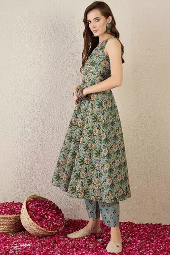 Floral Printed V-Neck Pure Cotton A-Line Kurta With Trouser
