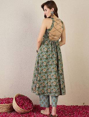 Floral Printed V-Neck Pure Cotton A-Line Kurta With Trouser 7