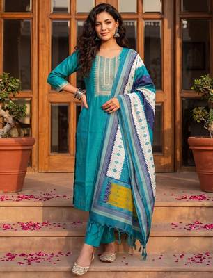 Women Ethnic Motifs Embroidered Regular Thread Work Kurta with Trousers & With Dupatta 1