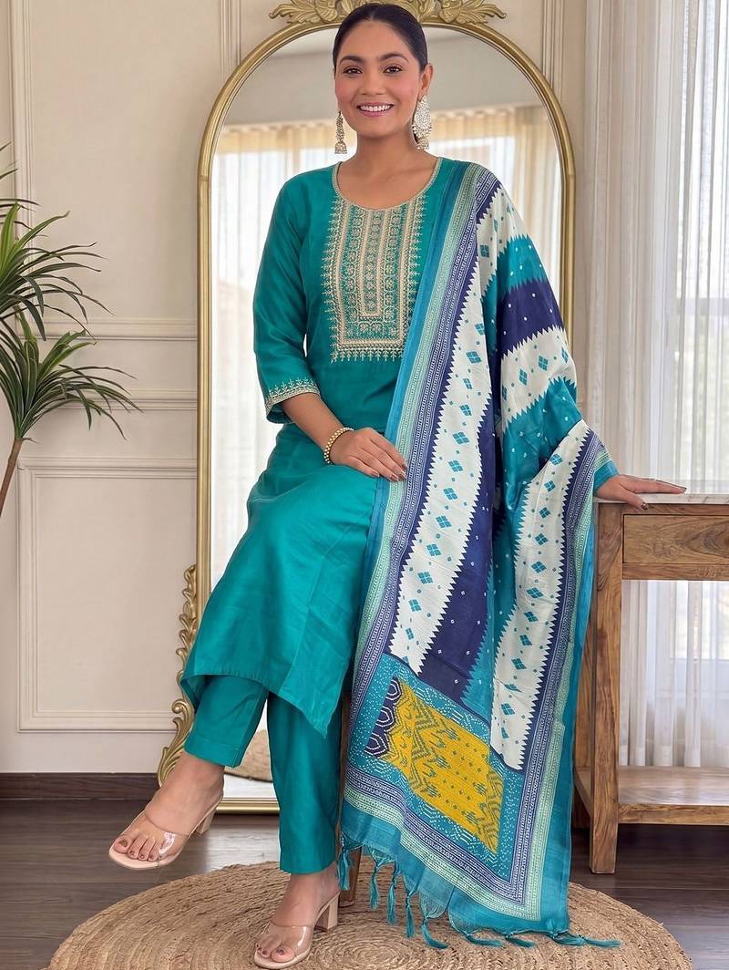 Women Ethnic Motifs Embroidered Regular Thread Work Kurta with Trousers & With Dupatta
