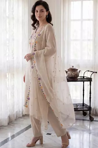 Women Floral Embroidered Regular Thread Work Kurta with Trousers & With Dupatta