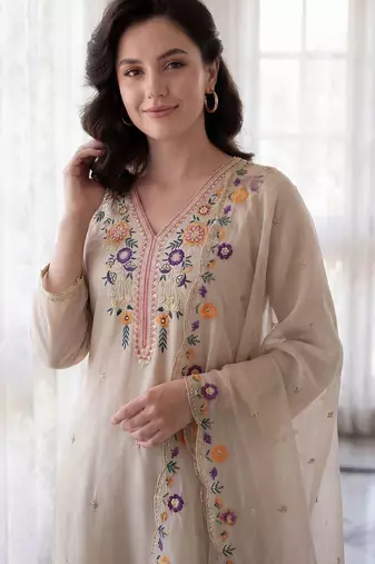 Women Floral Embroidered Regular Thread Work Kurta with Trousers & With Dupatta