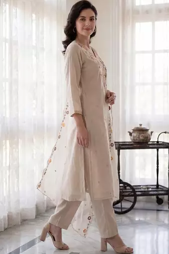 Women Floral Embroidered Regular Thread Work Kurta with Trousers & With Dupatta