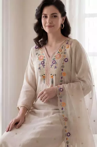 Women Floral Embroidered Regular Thread Work Kurta with Trousers & With Dupatta