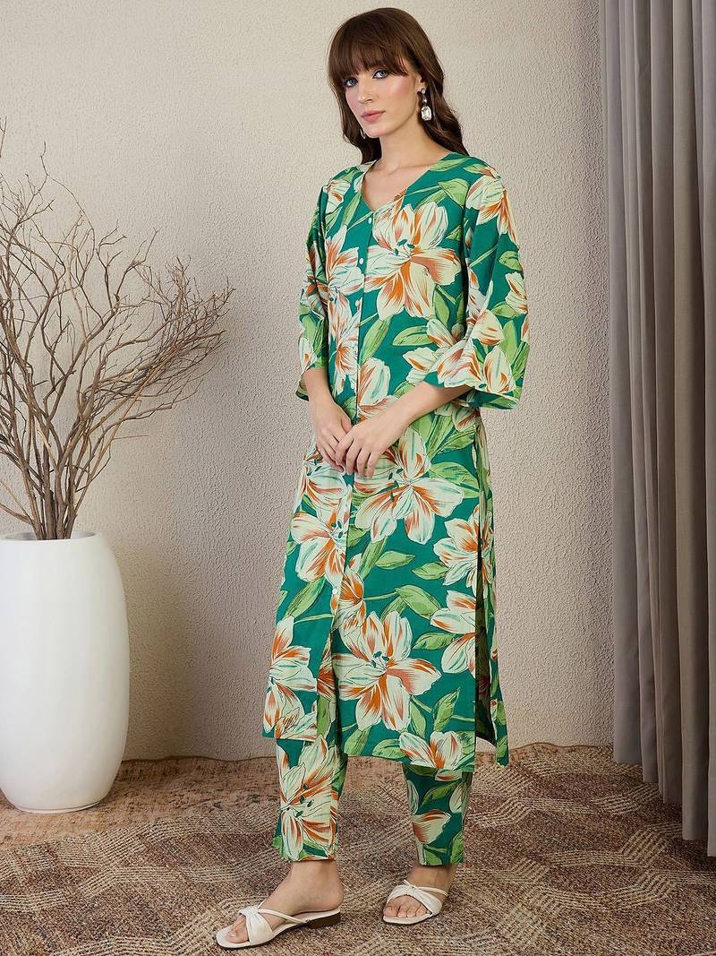 Floral Printed V-Neck Pure Cotton Straight Kurta With Trousers