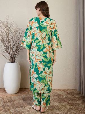 Floral Printed V-Neck Pure Cotton Straight Kurta With Trousers 5