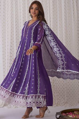 Ethnic Motifs Embroidered V-Neck  Cotton Kurta with Trousers & Dupatta
