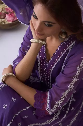 Ethnic Motifs Embroidered V-Neck Pure Cotton Kurta with Trousers & Dupatta