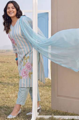 Plus Size Blue Printed Straight Kurta Trousers With Dupatta Set