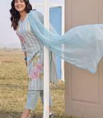 Plus Size Blue Printed Straight Kurta Trousers With Dupatta Set