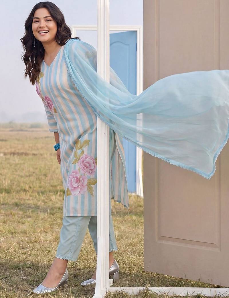 Plus Size Blue Printed Straight Kurta Trousers With Dupatta Set