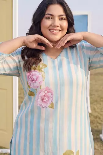 Plus Size Blue Printed Straight Kurta Trousers With Dupatta Set