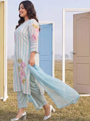 Plus Size Blue Printed Straight Kurta Trousers With Dupatta Set 3