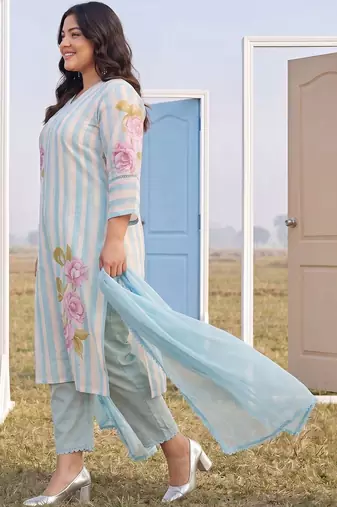 Plus Size Blue Printed Straight Kurta Trousers With Dupatta Set