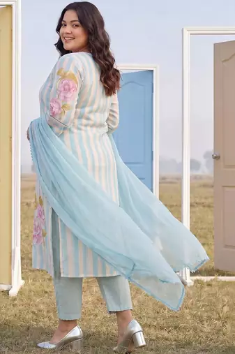 Plus Size Blue Printed Straight Kurta Trousers With Dupatta Set