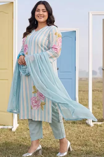 Plus Size Blue Printed Straight Kurta Trousers With Dupatta Set