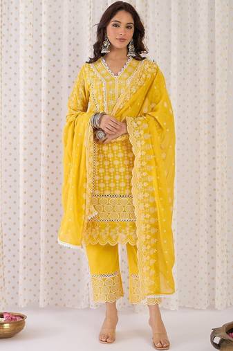 Women Ethnic Motifs Embroidered Cotton Kurta with Trousers & Dupatta