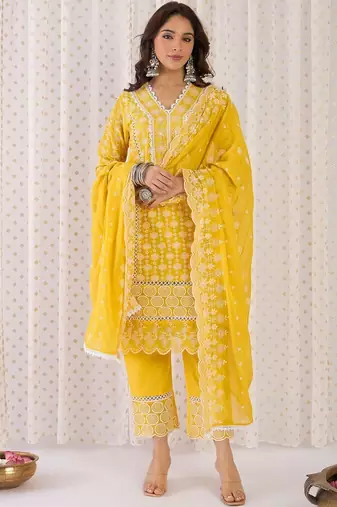 Women Ethnic Motifs Embroidered Cotton Kurta with Trousers & Dupatta