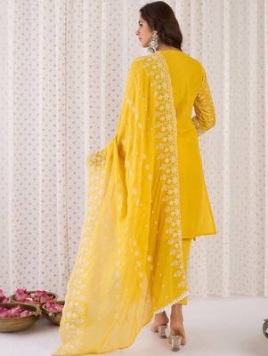 Women Ethnic Motifs Embroidered Cotton Kurta with Trousers & Dupatta 4