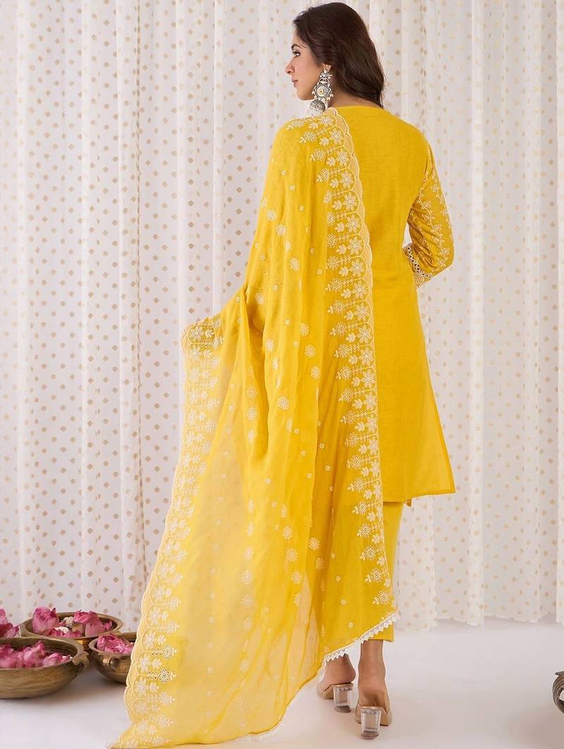 Women Ethnic Motifs Embroidered Cotton Kurta with Trousers & Dupatta