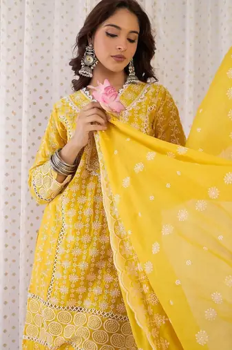Women Ethnic Motifs Embroidered Cotton Kurta with Trousers & Dupatta