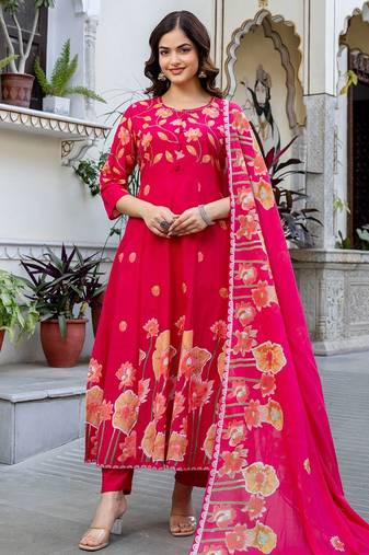 Women Floral Printed Regular  Cotton Kurta with Trousers & With Dupatta
