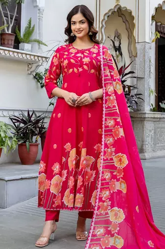 Women Floral Printed Regular Pure Cotton Kurta with Trousers & With Dupatta