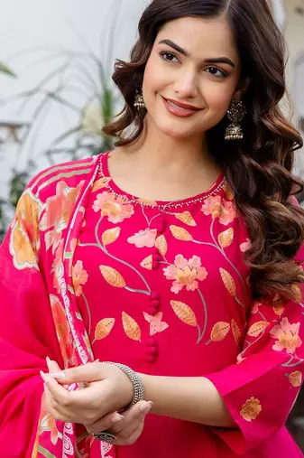 Women Floral Printed Regular Pure Cotton Kurta with Trousers & With Dupatta