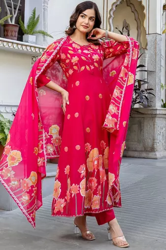 Women Floral Printed Regular Pure Cotton Kurta with Trousers & With Dupatta