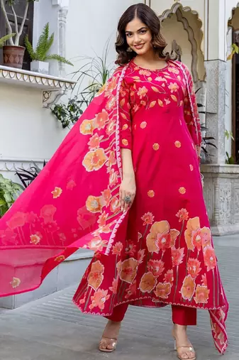 Women Floral Printed Regular Pure Cotton Kurta with Trousers & With Dupatta